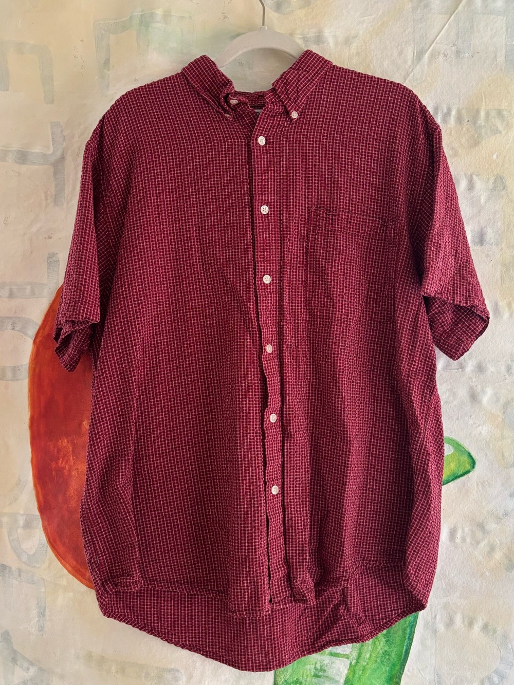 90s Cherokee Short-Sleeve Cotton Button-Down Shirt in Burgundy Check